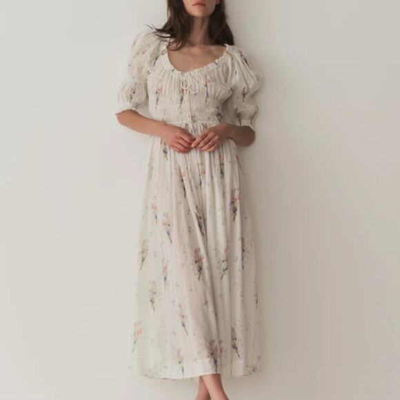 Rare Doen Ischia Cotton Smocked Puff Sleeve Ruched Midi Dress in Painted Bouquet - Picture 1 of 16